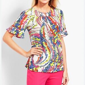 Talbots Blouse Top Large Ruffle Short Sleeve Swirling Floral NWT Business Casual